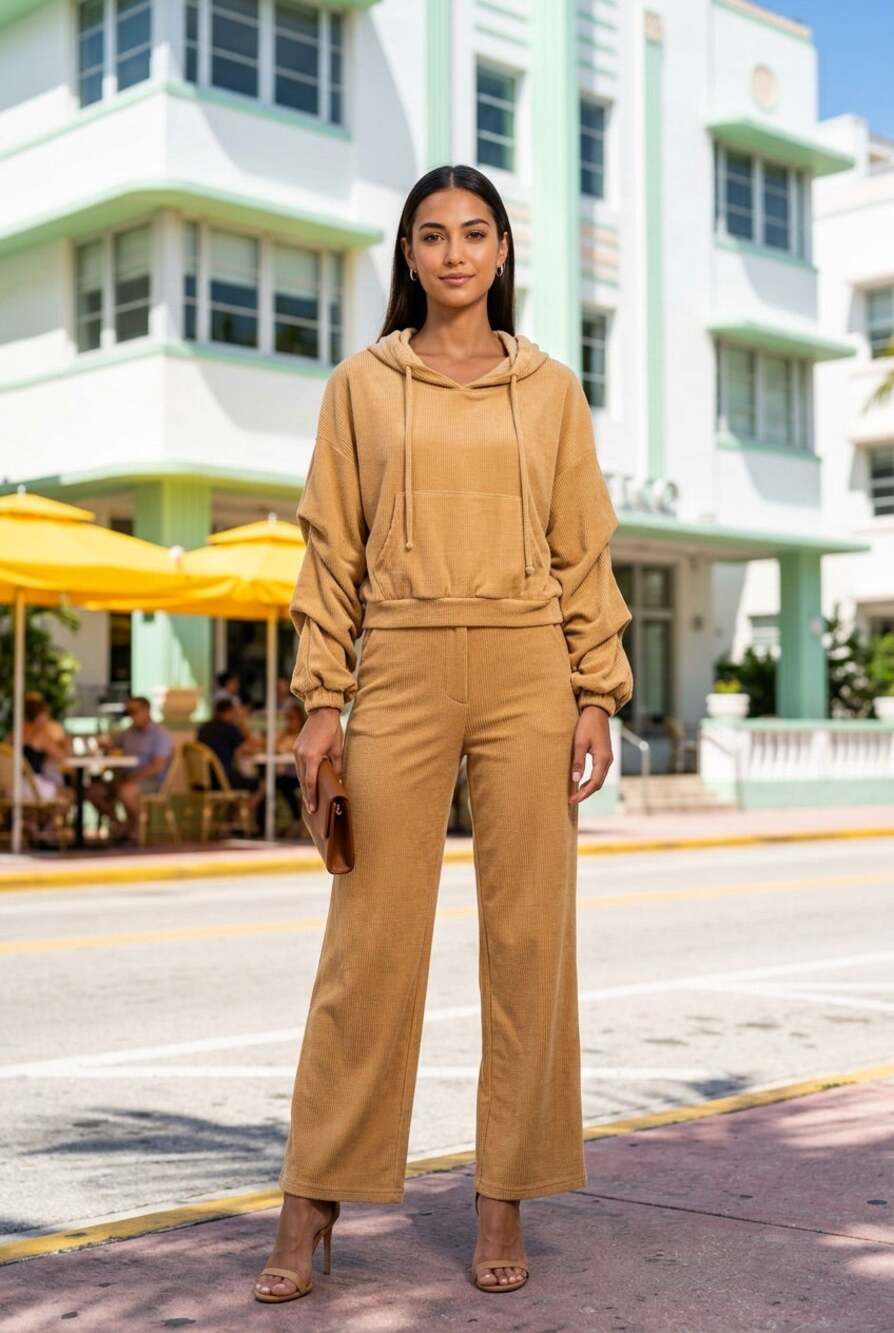 HYFVE Drop Shoulder Cropped Velour Kangaroo Pocket Women S Beige Ruffled Hoodie